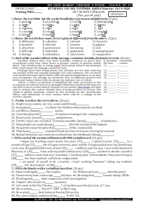 Đề thi khảo sát chất lượng các đội tuyển học sinh giỏi môn Tiếng Anh Lớp 8 - Mã đề 819 - Năm học 2019-2020 - Đỗ Bình